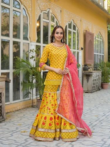Printed Yellow Rayon Kurti Sharara With Dupatta