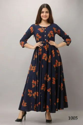 Slub Rayon Ladies Printed Long Kurti, Size: M