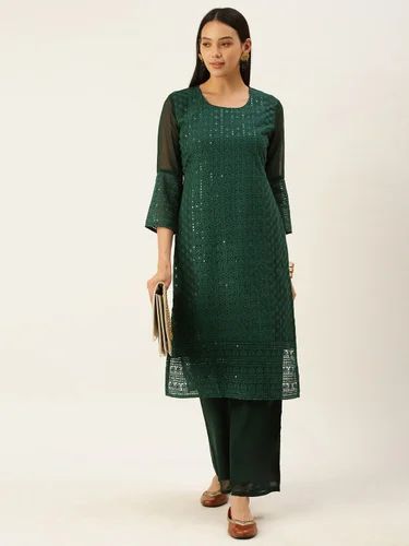 Green Women Georgette Sequinned Chikankari Kurta with Palazzos