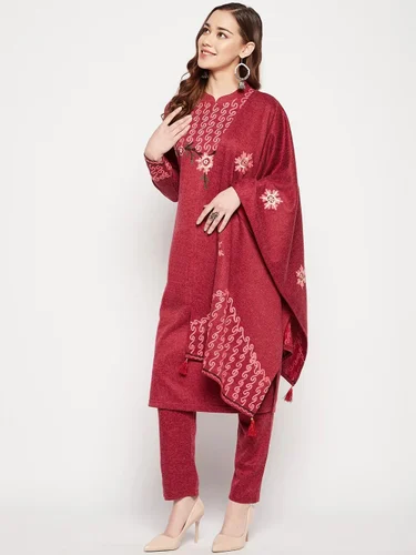 Pinaque (Shivam Knit Fab) Women Stylish Embroidered Woolen Krachi fabric Soft Kurtie Pant Dupatta