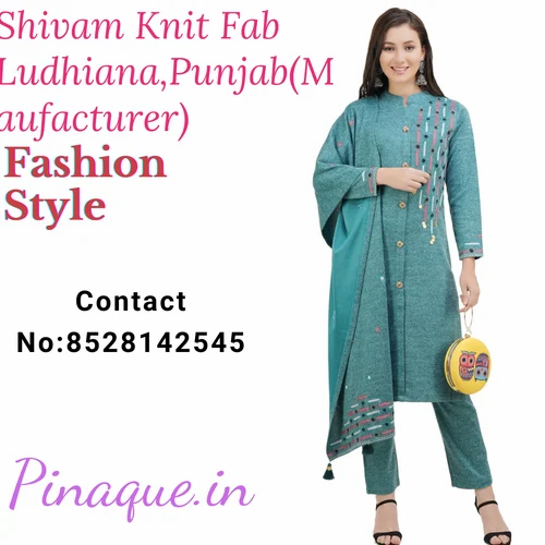 Pinaque (Shivam Knit Fab) Women Stylish Embroidered Woolen Kurtie Pant Dupatta