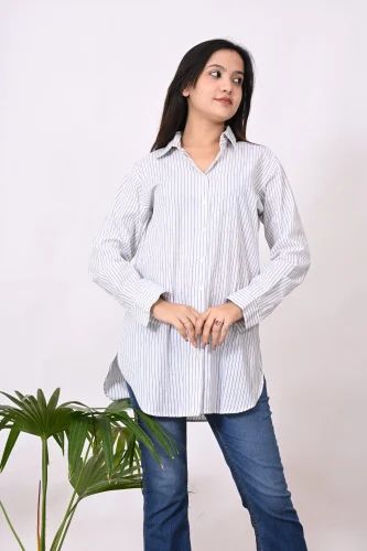 White Printed Indian Cotton Striped Shirt For Women, Formal