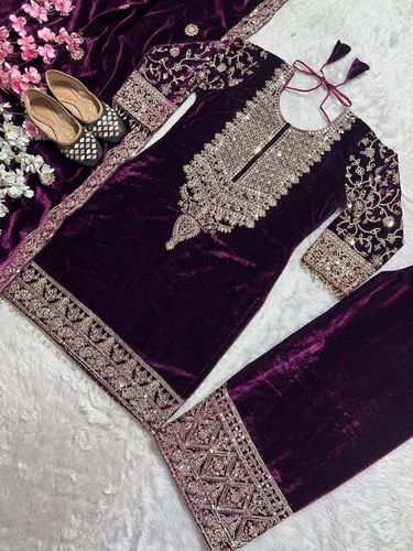 Heavy Viscose Velvet Suit, Embroidery, Readymade