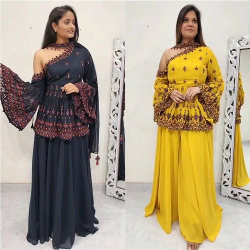 Embroidered Readymade Traditional Kediya Sharara Suit, Georgette