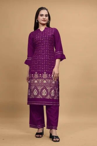 Straight Rayon foil print suit, Stitched