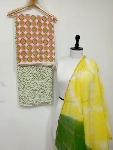 Hand block Printed suit set with tie dye dupatta