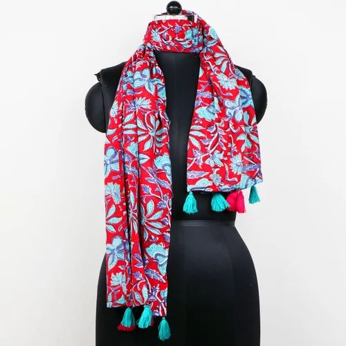 Fashionable Girls Stylish Beautiful Flower Printed Cotton Tassel Stoles