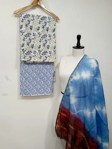 Tie dye chanderi dupatta with hand block printed suit set