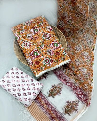 Printed Multicolor Hand Block Print Cotton Suit Sets With Chanderi Dupatta