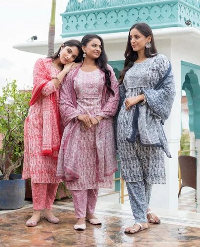 Cotton Block Print Partywear Kurti Pant With Dupatta