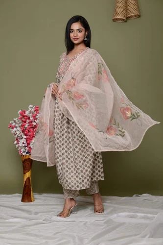 Printed Multiple Suits Alia Cut Cotton Kurti With Pant AN Dupatta, Stitched