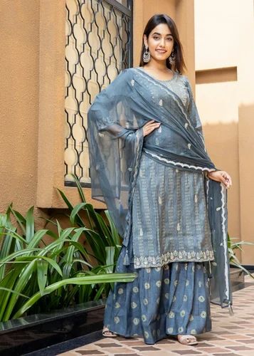 Embroidered Pure Muslin Partyear Sharara Set, Blue