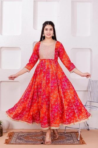 Cotton Printed Bhandej Print Long Gown