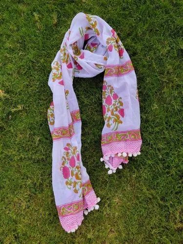 Casual Wear Pink Cotton Block Print Stole With Pompoms