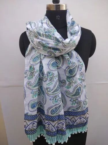 Casual Wear Blue Handmade Block Print Cotton Stole