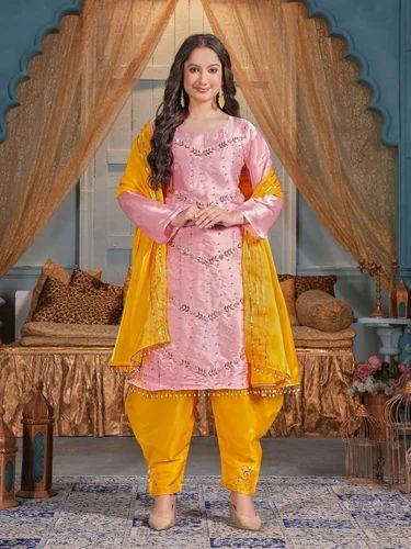 Pink And Yellow Color Scoop Neck Punjabi Patiyala Ladies Readymade Suit Wholesale