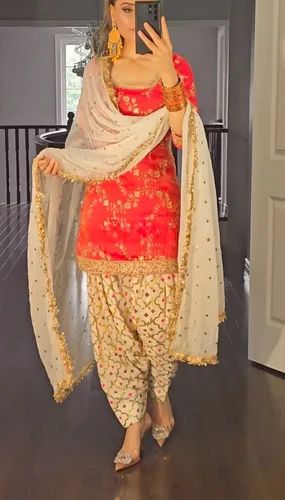 Red Silk Ladies Designer Patiala Suits, Stitched