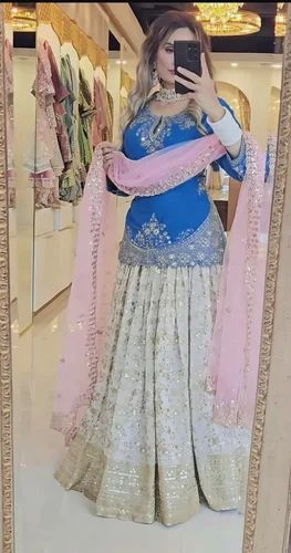 Multi Stone& Mirror Work Pure Chinon Silk Fabric Bride Special Wedding Wear Dress