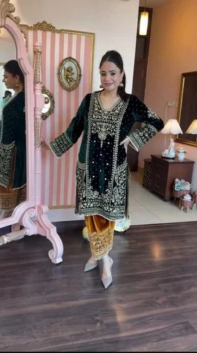 Order Now Fancy Sleeve Embroidery Viscose Velvet Lace Border Work Kashmiri Style Kurti Set