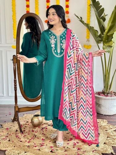 Printed DIWALI AND HOLI FESTIVE WEAR CHANDERI SILK V NECK DESIGNER KUTRTI SET