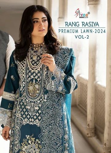 RASSIAN STYLE EMBROIDERY MIRROR WORK PAKISTANI COTTON LAWN SUIT WITH STOLE