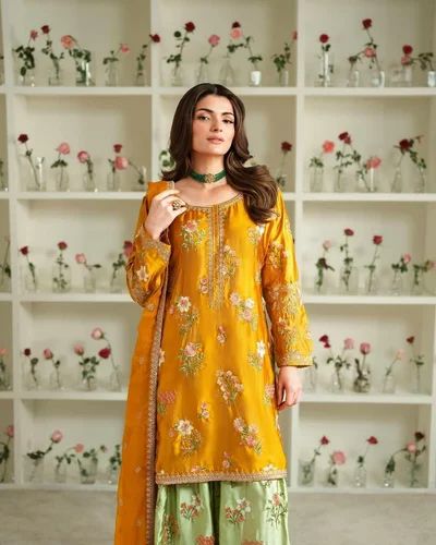 Extreme High Quality Pure Silk Fabric Mid Length Trendy Salwar Suit At Affordable Cost