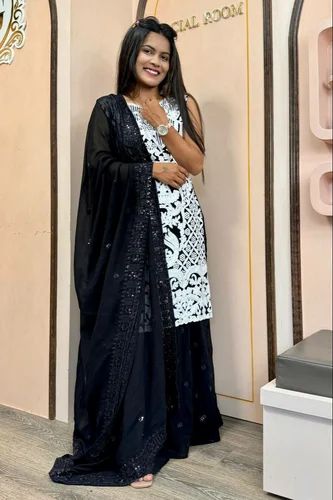 Attractive Design Black Color Pakistani Fashion TOP& Plazo With Same Color Dupatta