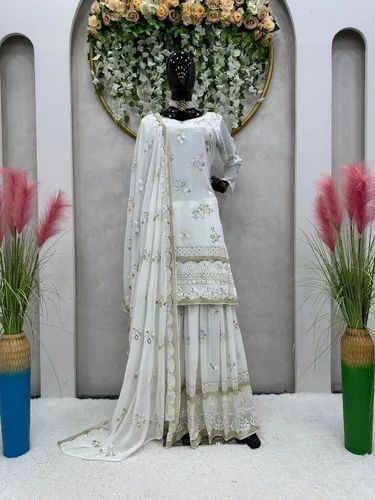 Beautiful Designer Wedding Salwar And Sharara With Dupatta, White