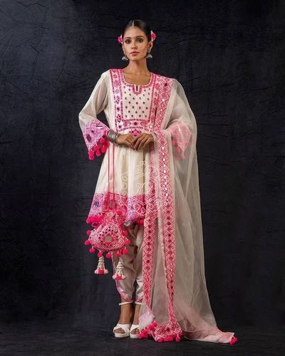 Pink Embroidered Faux Georgette Patiyala Dress With Printed, Stitched