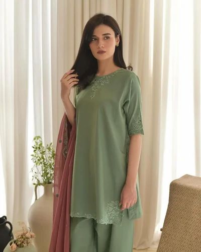 Ready To Buy Full Stitch Embroidery Free Size Three Piece Salwar Suit At Low Budget