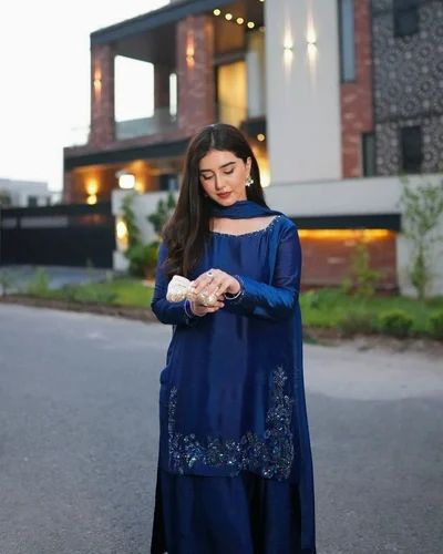 Hand Embroidery Dark Blue Color Silk Fabric Free Size Festive Special Designer Suit