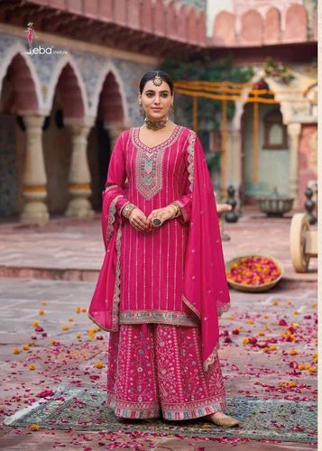 New Indian Fashion Pure Chinon Silk Fabric Top& Plazzo With Dupatta Set From SIE