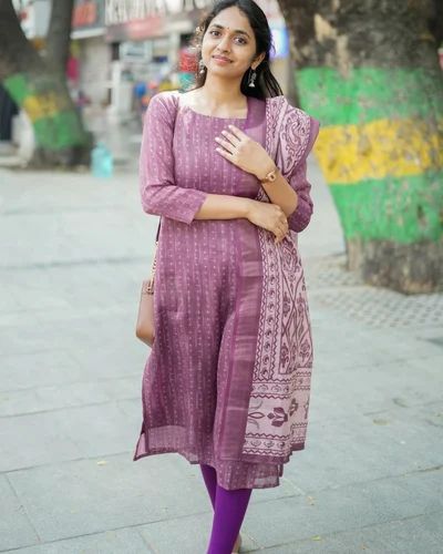 Office Wear Pure Linen Cotton Fabric Knee Length Fancy Kurti& Same Dupatta Set