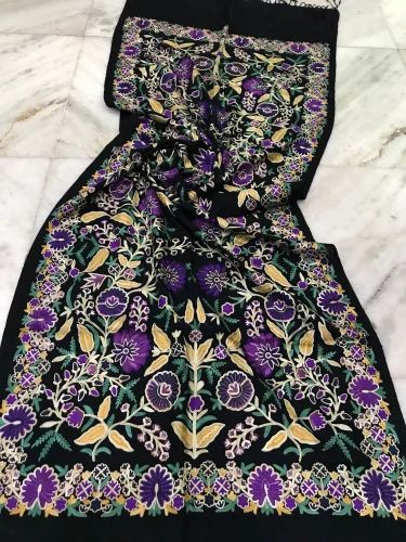 Black Fine Wool Silk Embriodery Stole