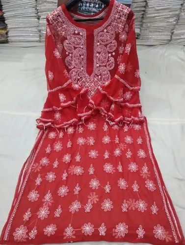 Multicolor Chiffon Bell Sleeve Kurti, Wash Care: Machine wash