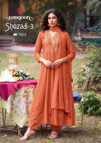 RANGOON SEHZADI VOL 03 SIFLI GEORGATE WITH FANCY EMBRODERY NACK AND KHATLI WORK ANARKALI SUIT