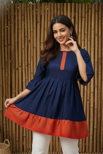Women's Block Print Cotton Flare Tunic Kurti,Designer Round Neck Short Kurta Top (445-BLUE)