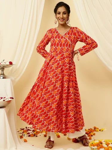 Cotton Cambric Purple & Red Ladies Ikat Printed Angrakha Kurta, Size: S-2XL